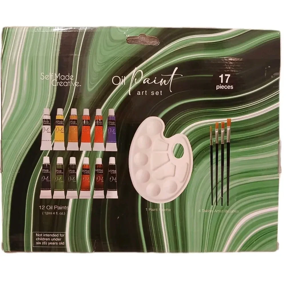 17 Pc Oil Paint Art Set w 4 Taklon Paint Brushes + Art Palette Value Professiona